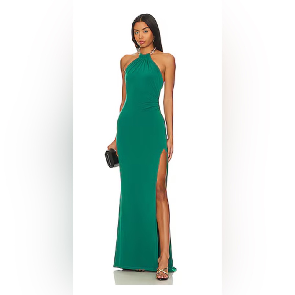 Jade Evening Gown with gold chain halter neck